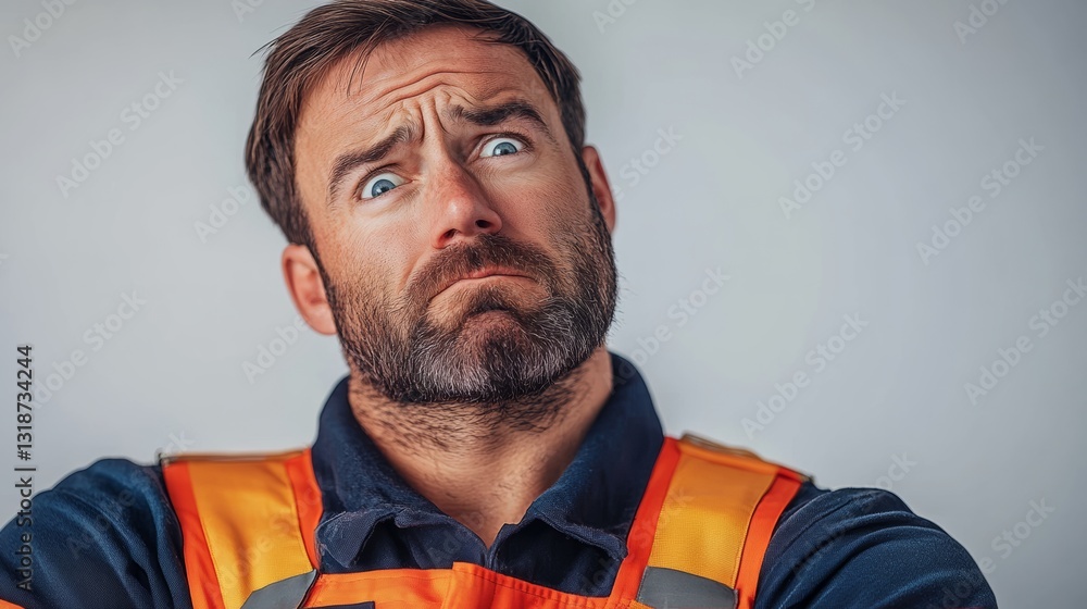 Poster man with a beard and a yellow vest is looking at the camera with a surprised expression. he is in a 