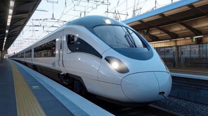 High-Speed Train Arriving at Station Platform with Modern Design and Overhead Electrical System