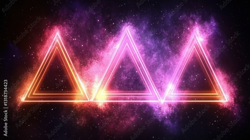 Poster vibrant neon triangles glowing in a cosmic space with colorful nebula in the background