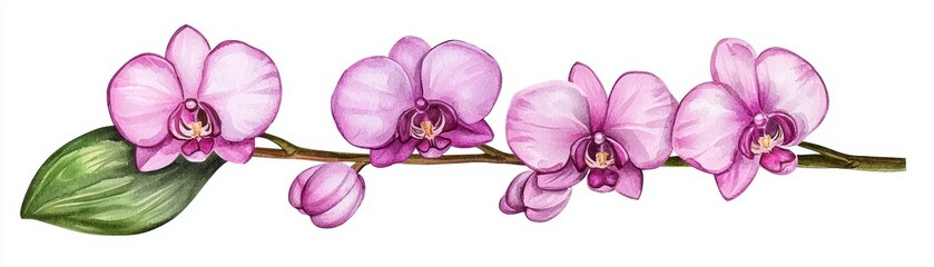 Obraz premium Elegant Watercolor Sketch of an Orchid Blossom with Delicate Petals and Green Leaves