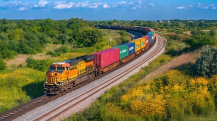 Obraz premium Freight Train Transporting Shipping Containers Through a Lush Green Landscape on a Sunny Day