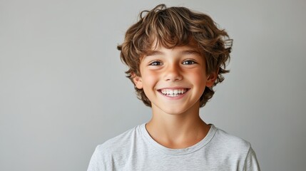 Curly-haired boy's beaming portrait in gray t-shirt 
