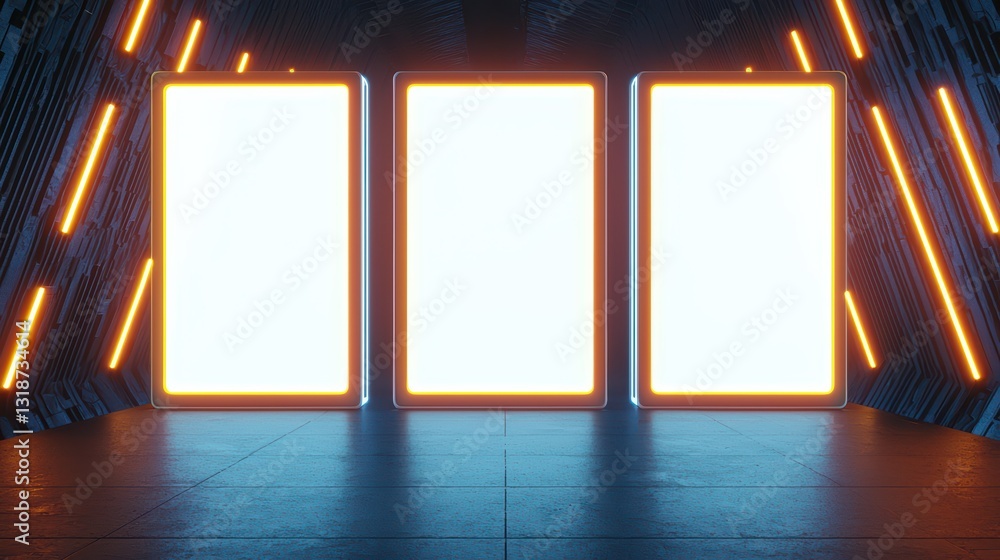 Aufkleber abstract composition of empty frames in futuristic space with glowing orange lights