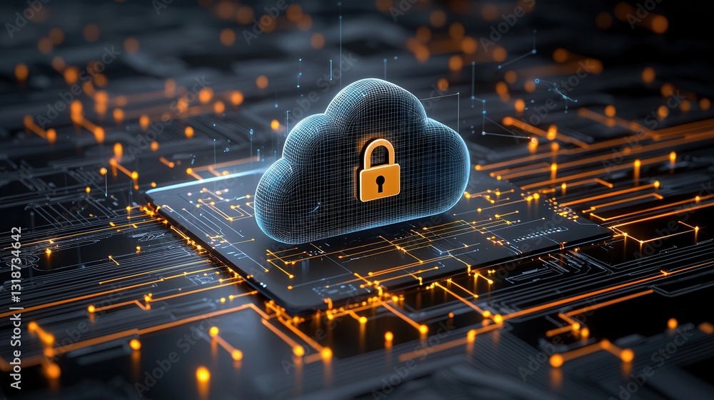 Poster secure cloud computing and digital encryption visualization futuristic digital depicting a locked cl