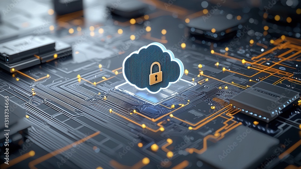 Poster an abstract depicting the visualization of digital encryption and cloud security technologies showca