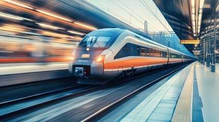 Fototapeta premium Modern high-speed train arriving at a station platform with motion blur capturing the speed and energy of contemporary rail travel