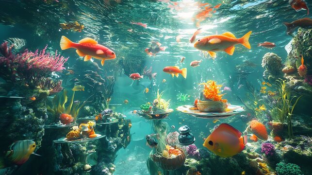 Vibrant underwater scene with colorful fish swimming around coral reefs. Sunbeams illuminate the ocean floor, creating a magical atmosphere.