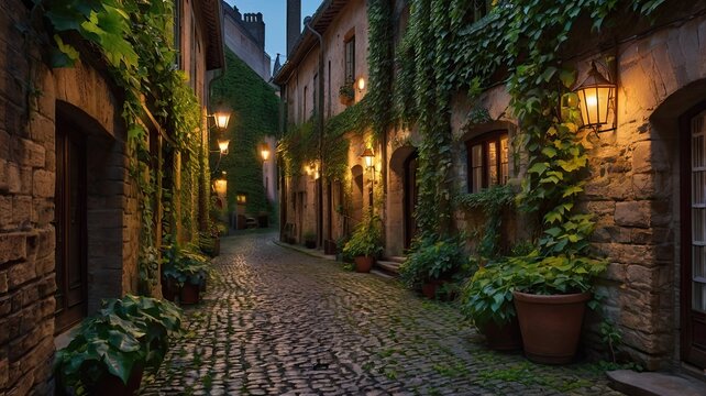 A narrow cobblestone street lined with ivy and potted plants