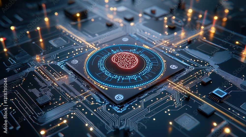 Poster digital intelligence and computational power visual representation on a futuristic circuit board bac