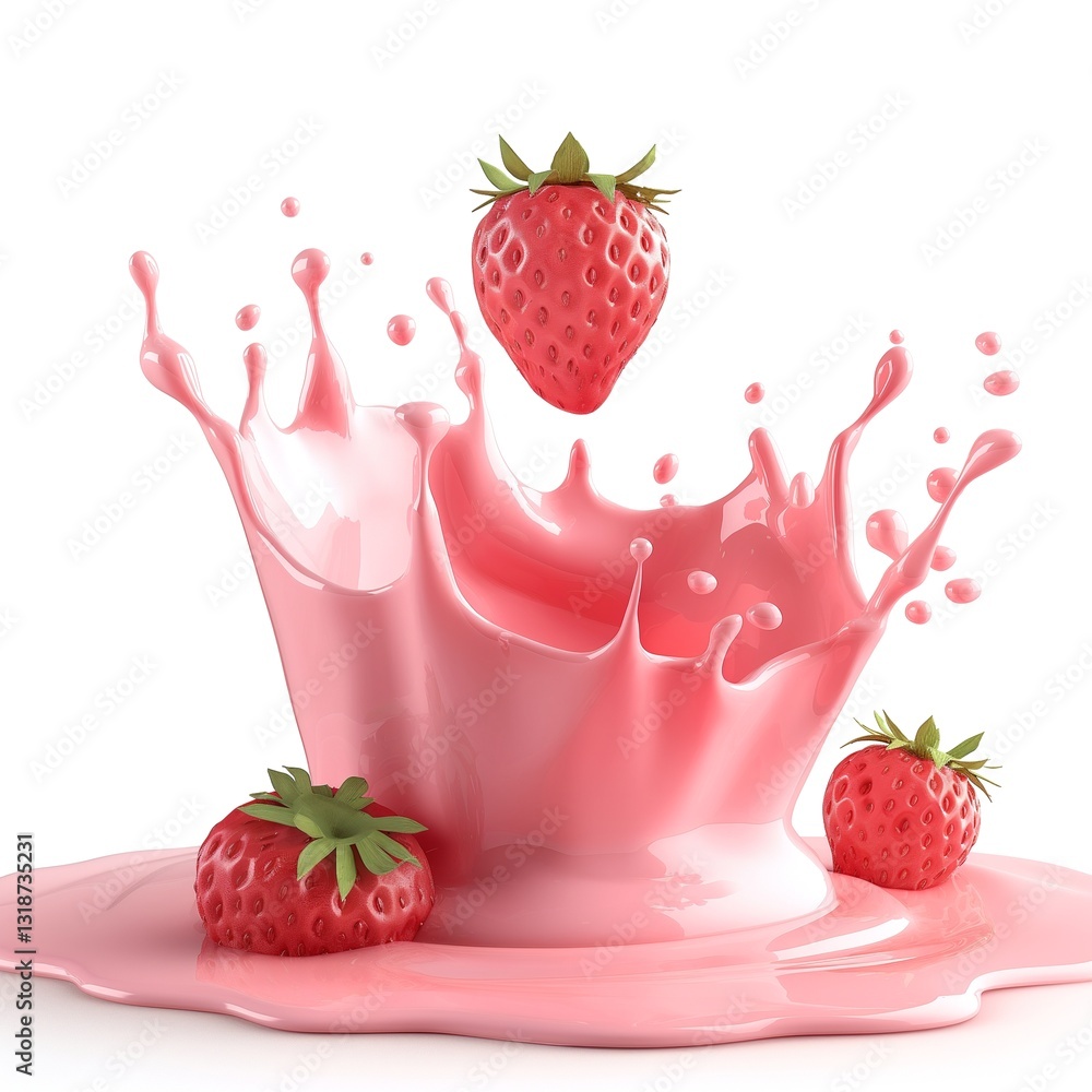Poster dynamic splash of pink liquid with fresh strawberries, creating a vibrant and refreshing scene.