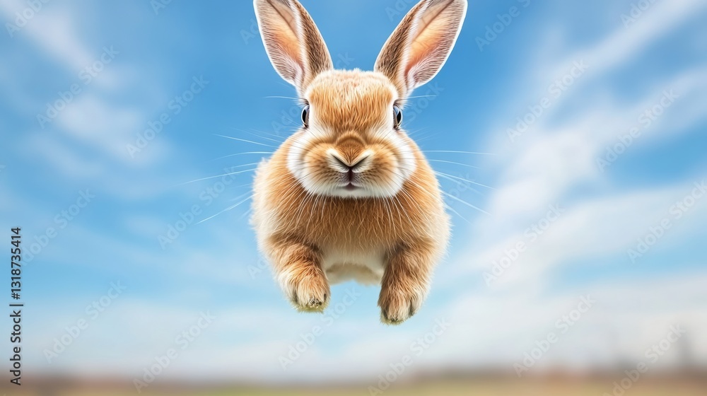 Poster rabbit is jumping in the air with its head up. the sky is blue and there are clouds in the backgroun