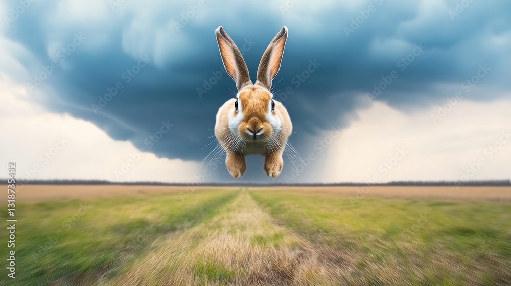 Poster rabbit is flying through the sky above a field. the sky is cloudy and the field is empty