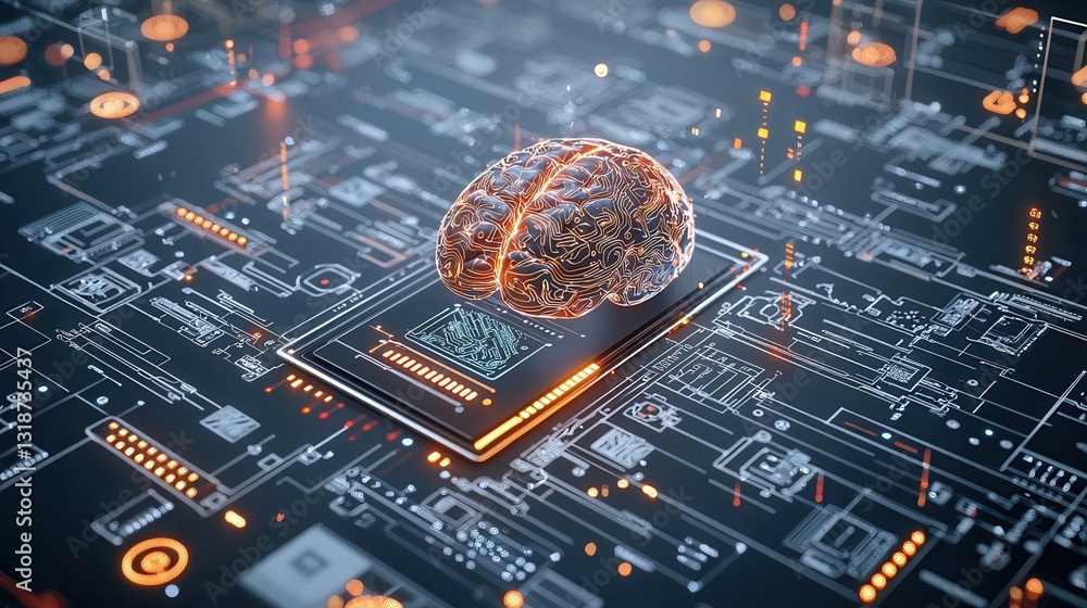 Poster futuristic digital intelligence and deep learning concept with a highly detailed intricate circuit b
