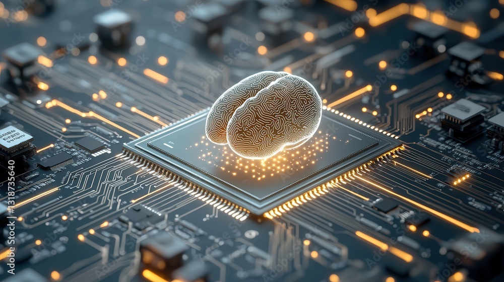 Poster digital intelligence and deep learning concept with futuristic microchip and circuit board technolog