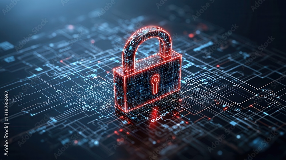 Poster digital security and encryption representation with glowing padlock circuit diagram on dark futurist