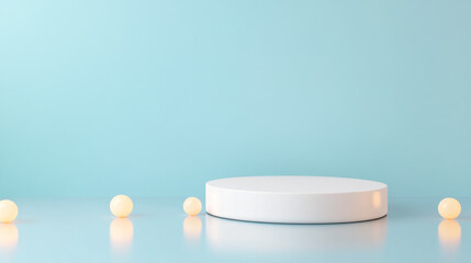 white ceramic podium with rounded edges on light blue background, surrounded by soft glowing spheres, creates serene and modern atmosphere