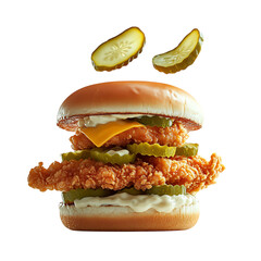 A Crispy Fried Chicken Burger with Pickles and Mayo Isolated on Transparent Background