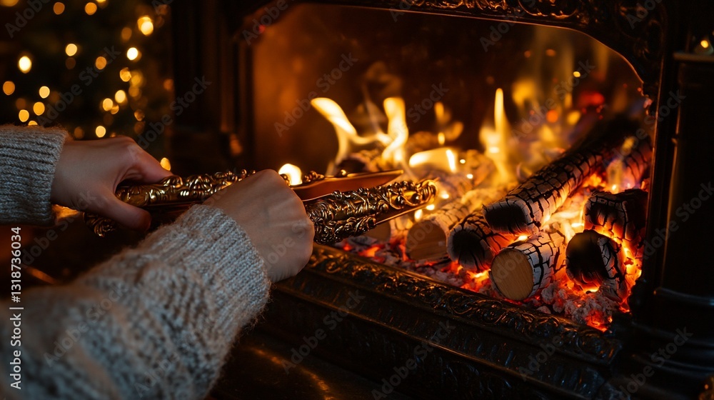 Poster Hands adding logs to roaring fireplace with bokeh lights and festive mood