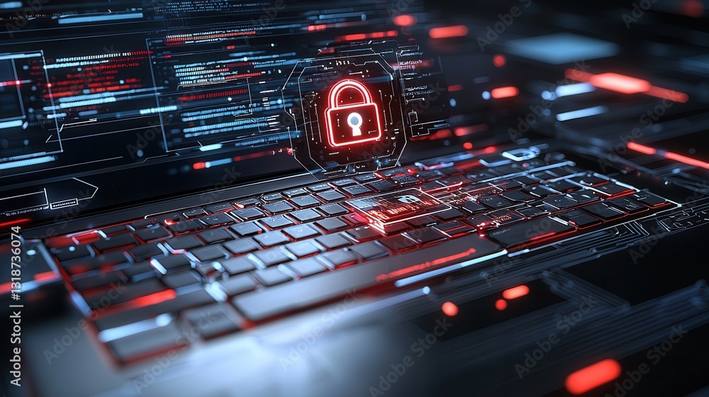 Poster digital security and hacking concept featuring a lock symbol and cybersecurity elements such as code