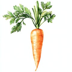 Watercolor illustration of a vibrant carrot with lush green leaves, isolated on a white background, fresh and organic