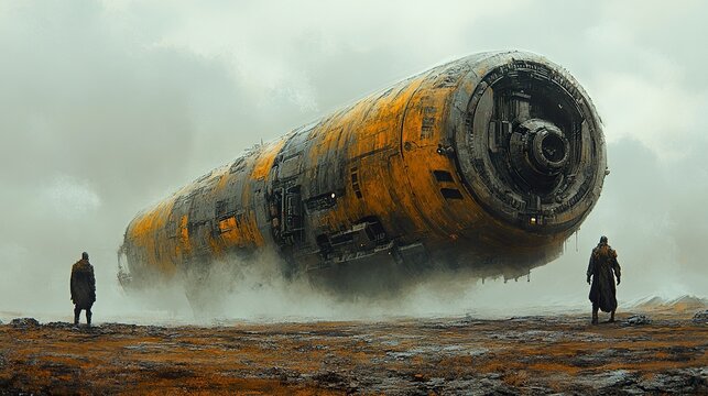Solitary Figures Encounter Gigantic Spaceship in a Desolate Landscape