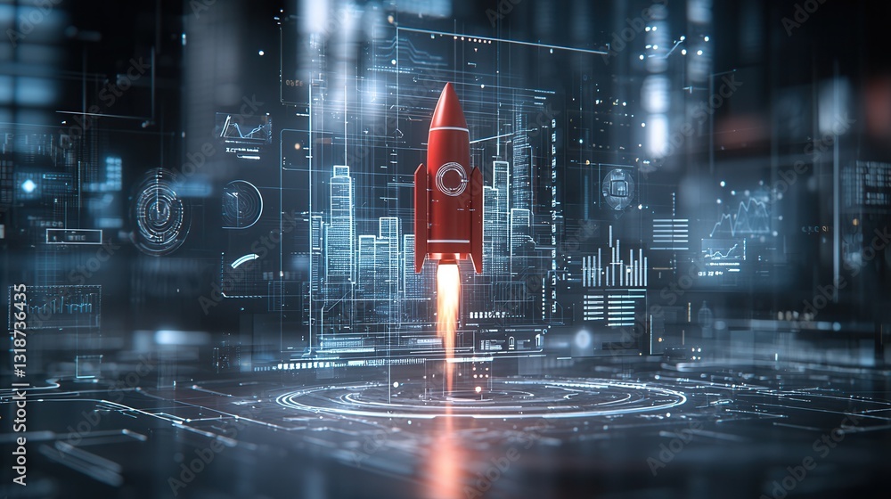 Poster futuristic digital transformation and innovation concept depicted with a rocket launch symbolizing p