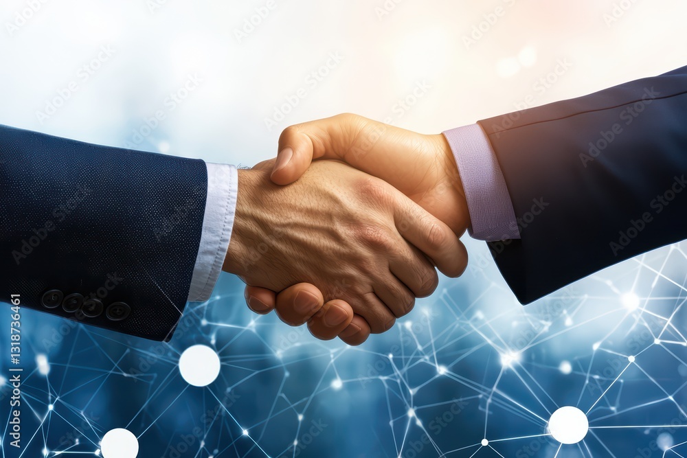 Poster handshake between business professionals in a modern office setting with abstract background