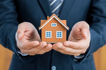 Businessman in Suit Confidently Holding a Small House Model in Hands