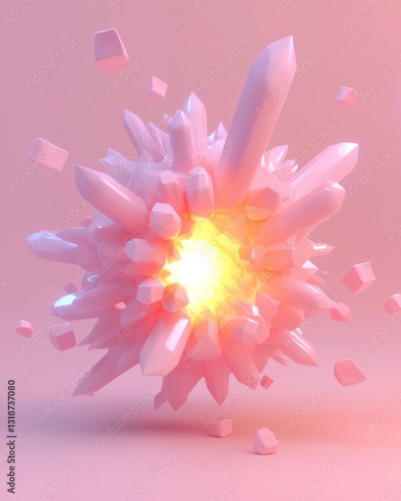 Aufkleber geometric fractals with a glowing core and pink crystals exploding, symbolizing innovation and creat
