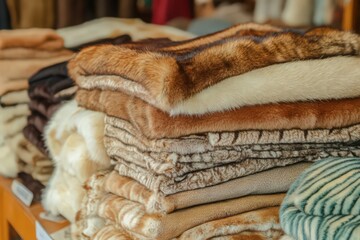 Neat Stacks of Faux Fur Blankets in Brown Beige and White