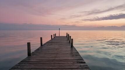 Fototapeta premium A wooden pier is in the water with a beautiful sunset in the background