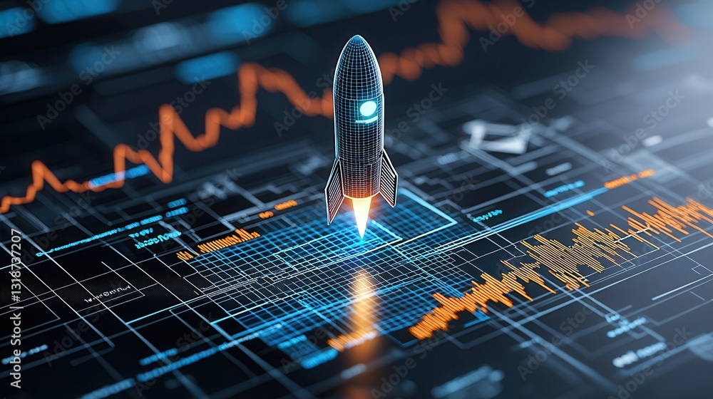 Poster a futuristic rocket launch visually representing the dynamic growth and progression of a successful 