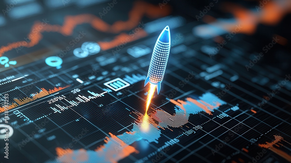 Poster dynamic business growth visualization featuring a soaring rocket chart depicting financial analytics