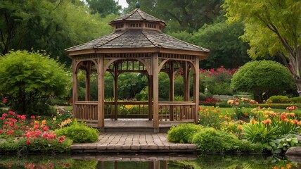 Fototapeta premium A wooden gazebo with a roof and a bench is surrounded by a garden with flowers
