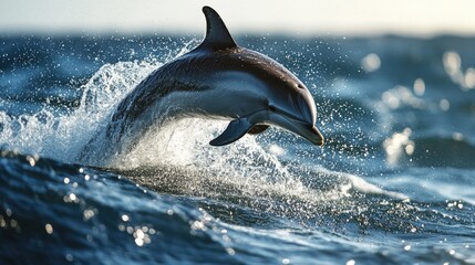 Fototapeta premium Dolphin leaping through ocean waves at sunset