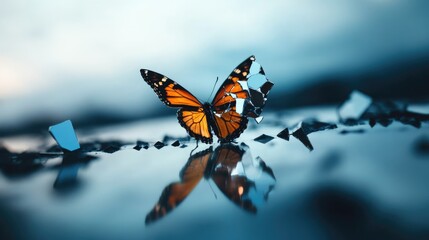 Obraz premium Butterfly emerging from shattered glass reflection