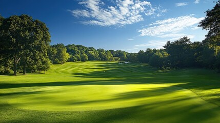 Golden sunlight bathes a lush green meadow under a vast azure sky, highlighting every blade of vibrant grass in nature's perfect harmony