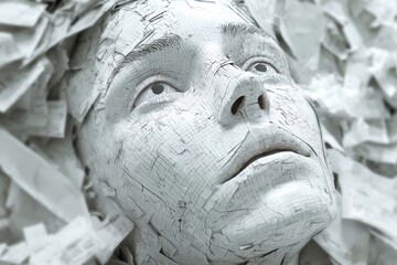 crisis communication concept featuring a distressed visage surrounded by paper fragments.