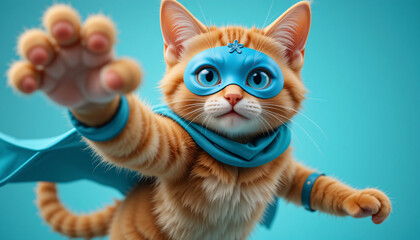 Adorable orange tabby cat dressed as a superhero, wearing a blue mask and cape, with one paw extended forward as if flying or reaching out, against a vibrant turquoise background.