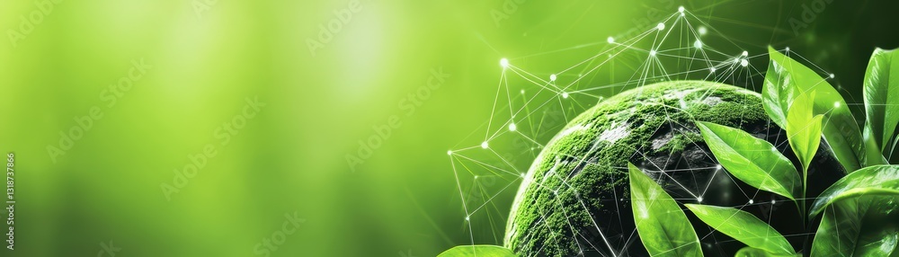 Poster digital connections extending into a green planet with leaves and global network imagery
