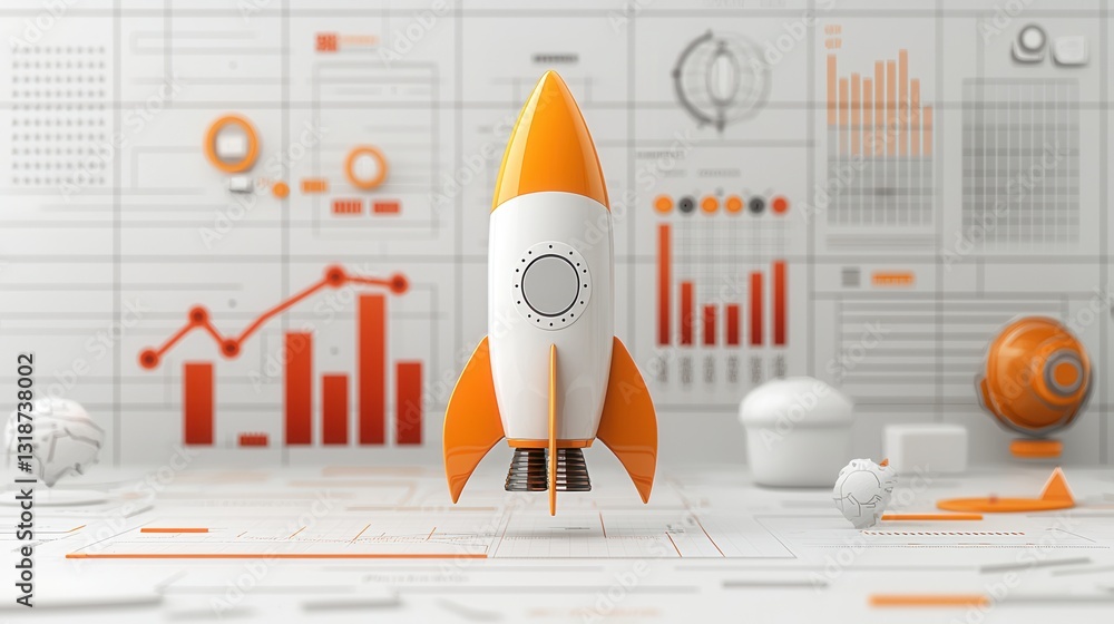 Poster elegant and visually appealing business innovation concept featuring a rocket launch symbolizing gro