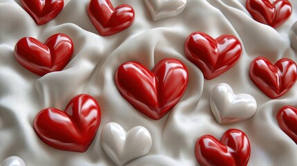 Fototapeta premium red and white hearts on white fabric, expressing romantic love joy.