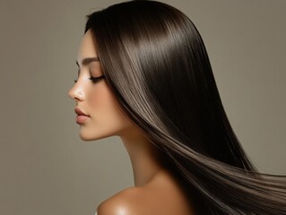 Stunning Woman Profile with Long, Glossy Brown Hair, Representing Beauty and Haircare. Ideal for Hair Salons, Beauty Blogs, and Cosmetic Ads.