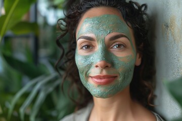Fototapeta premium A young woman with curly hair applies a green facial mask, smiling gently in a serene indoor setting surrounded by plants.