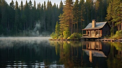 Fototapeta premium A cabin is sitting on a dock by a lake