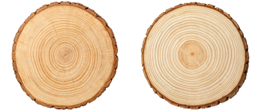 Two cross-sections of tree trunks on a transparent background