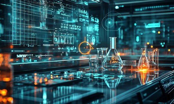 Laboratory glassware filled with glowing blue liquid, symbolizing science, research, and chemistry experiments.