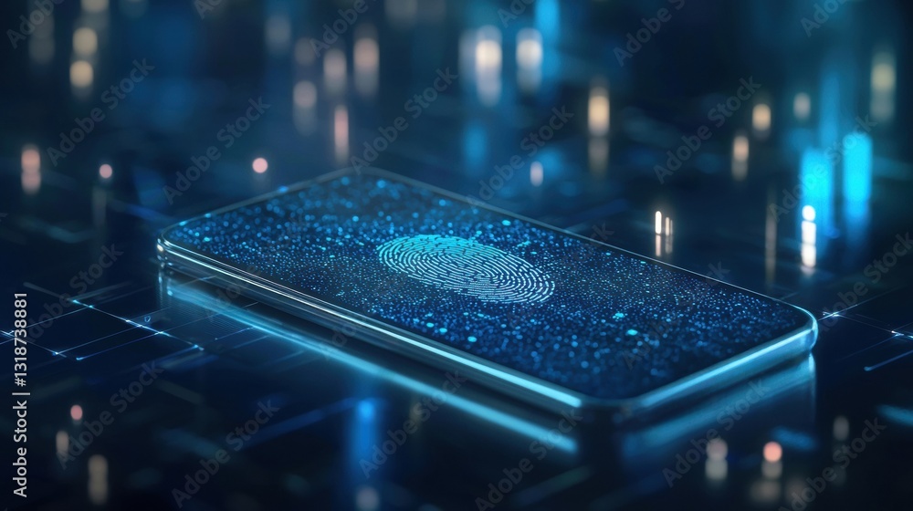 Poster smartphone security, fingerprint biometric authentication for data protection and access control.