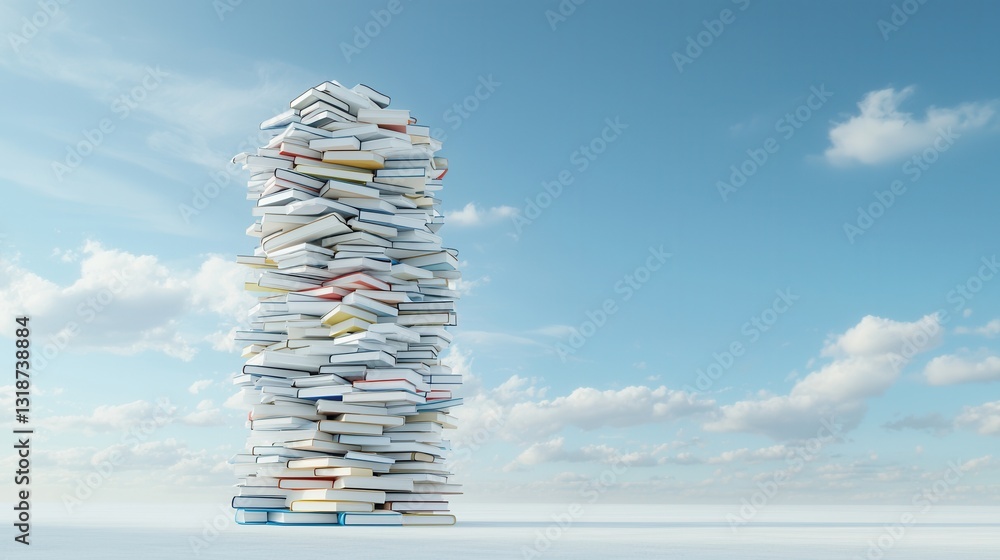 Poster enchanting conceptual image depicting the accumulation of knowledge and learning through a towering 