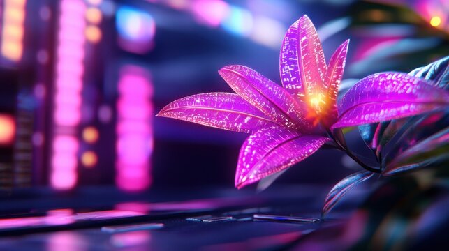 Explore the fusion of nature and technology in this captivating image featuring AI-driven interaction, showcasing a vibrant flower amidst a futuristic environment with high-tech data streams Witness
